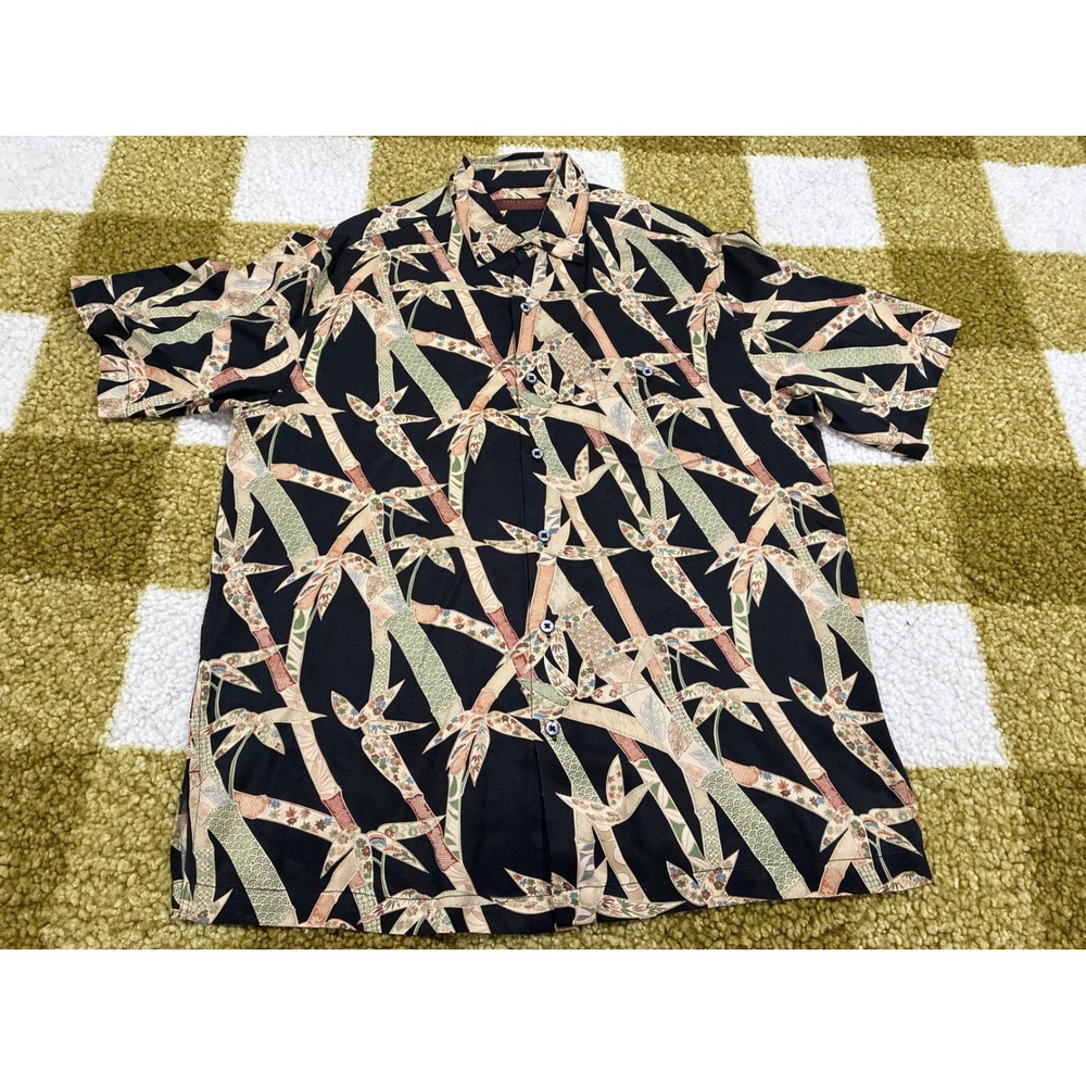 Tori Richard Honolulu Mens Silk Lyocell Bamboo Print Aloha Shirt Black Medium